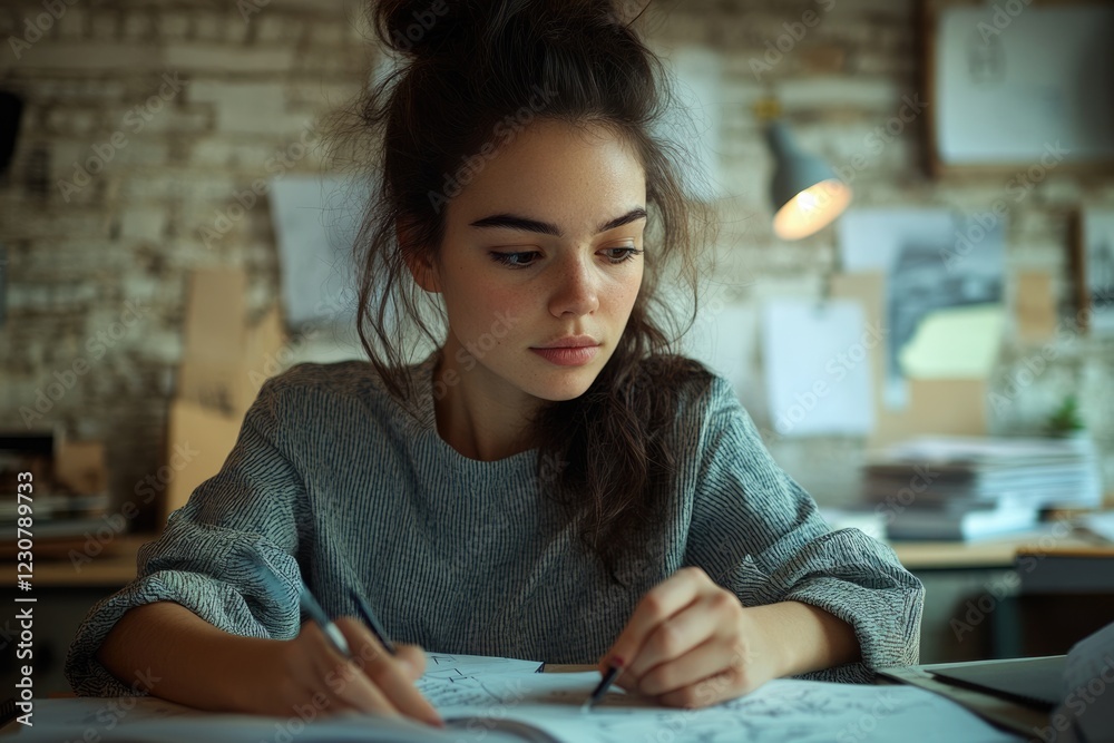 Young woman with bun hairstyle is concentrated on her work, sketching or drawing in a notebook. Young woman with bun hairstyle is concentrated on her work, sketching or drawing in a notebook.