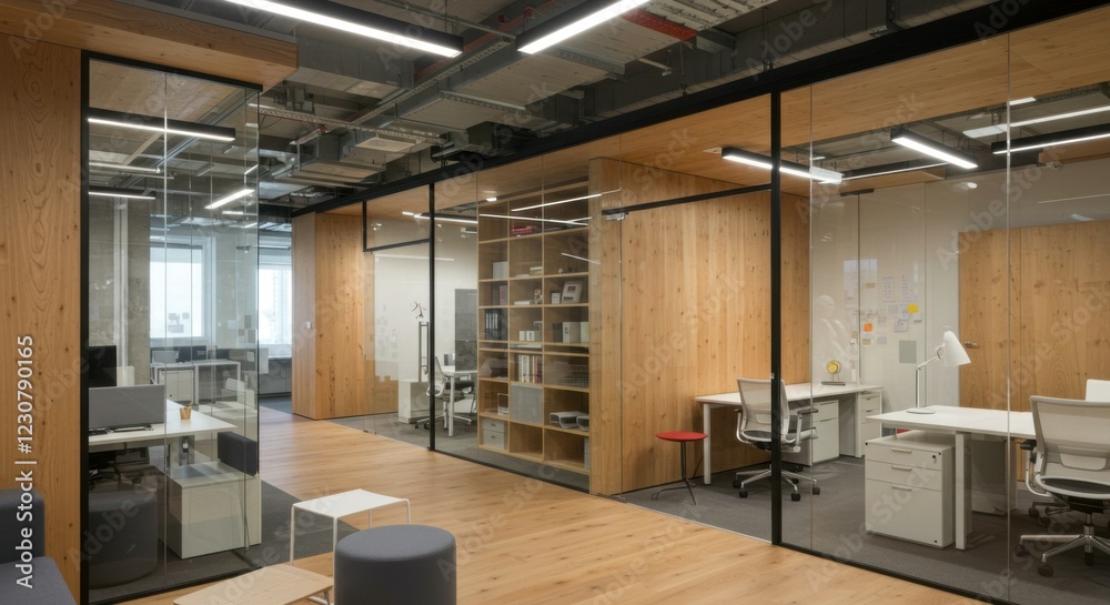 Well-lit office area with glass partitions, wooden finishes, and a minimalist approach Well-lit office area with glass partitions, wooden finishes, and a minimalist approach