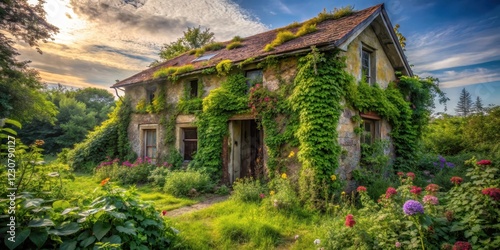 Abandoned house in overgrown garden with vines and flowers, stillness, isolation,  stillness