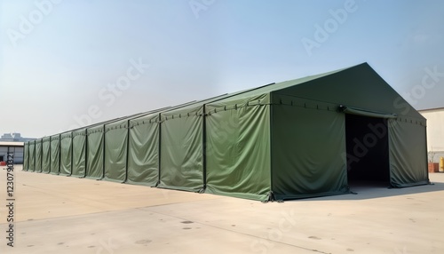 Large military green tent stands on light beige concrete floor. Tent simple design with pitched roof, multiple panels. Looks durable, practical for temporary housing outdoor events. Size, robust photo