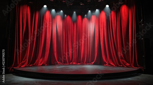 Magnificent stage with red curtains under spotlights. Podium background photo