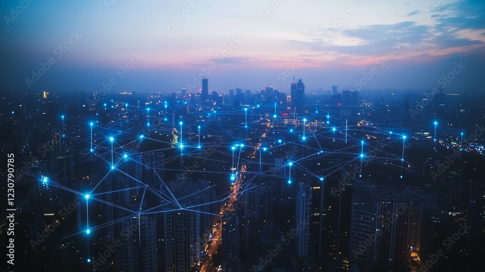 Fototapeta premium Smart digital Innovation city with connection network reciprocity over the cityscape. of future smart wireless digital city and social media networking systems that connects people with in city