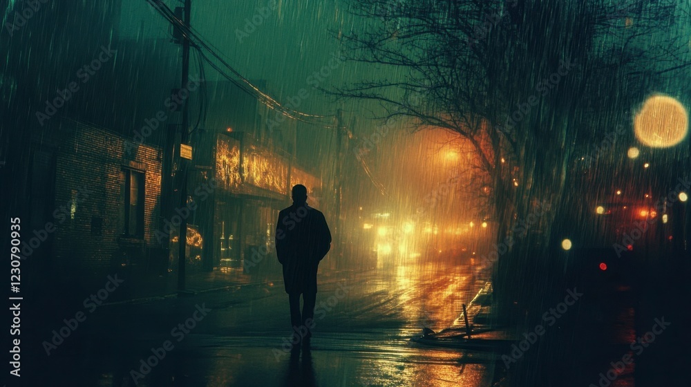 Fototapeta premium Lonely Man Walking in Rain-Soaked City at Night