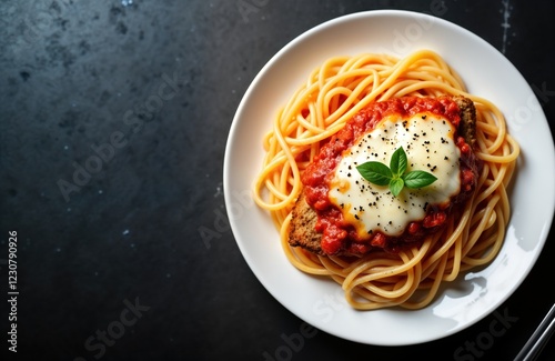 Italian veal parmigiana with melted cheese, basil served over spaghetti. Delicious traditional Italian cuisine dish. Top view on black background. Copy space available for text. Perfect for menu,