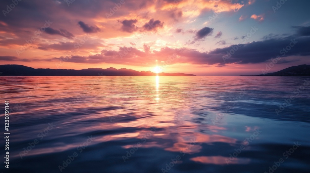 Fototapeta premium Serene Sunset Over Calm Ocean Waters - Peaceful Coastal Scene