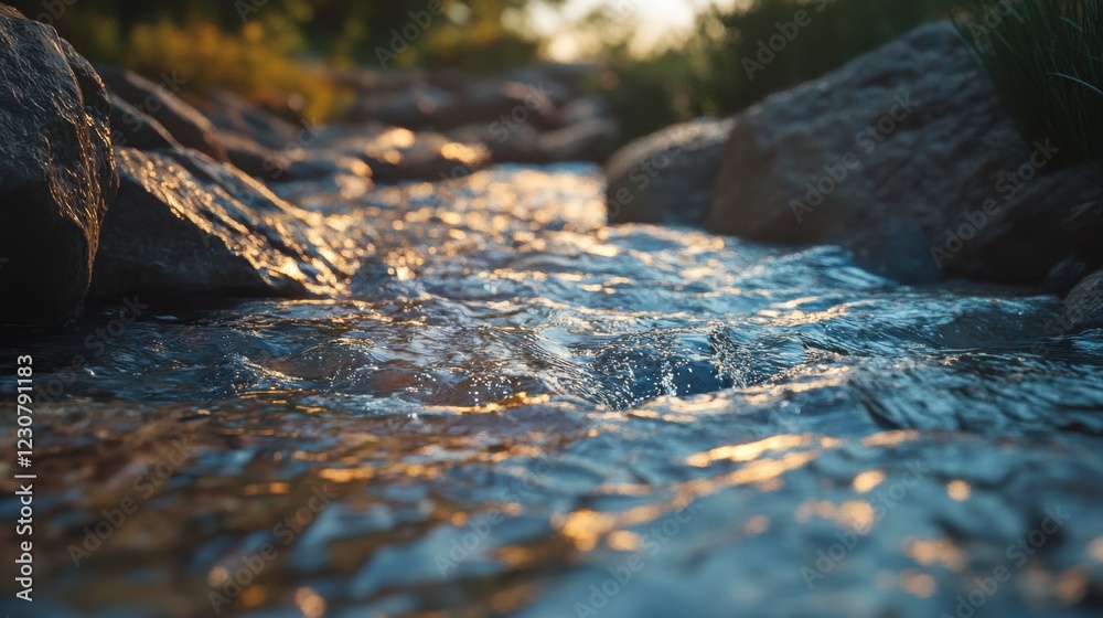 Fototapeta premium Golden Sunlight on River Rocks - Tranquil Stream Scene