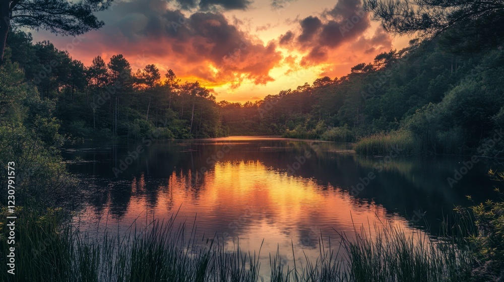 Naklejka premium Serene Sunset Over Forest Lake Reflection