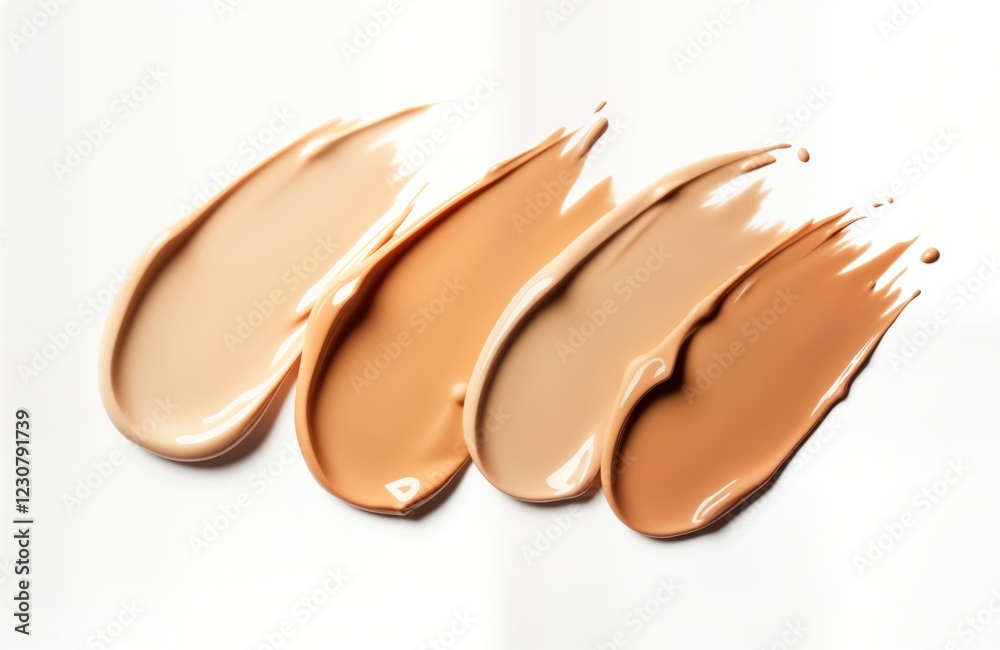 Liquid foundation swatches in various shades of beige displayed on white background. Different shades of liquid foundation smudged in creative way, showing texture, coverage. Skincare product sample Liquid foundation swatches in various shades of beige displayed on white background. Different shades of liquid foundation smudged in creative way, showing texture, coverage. Skincare product sample