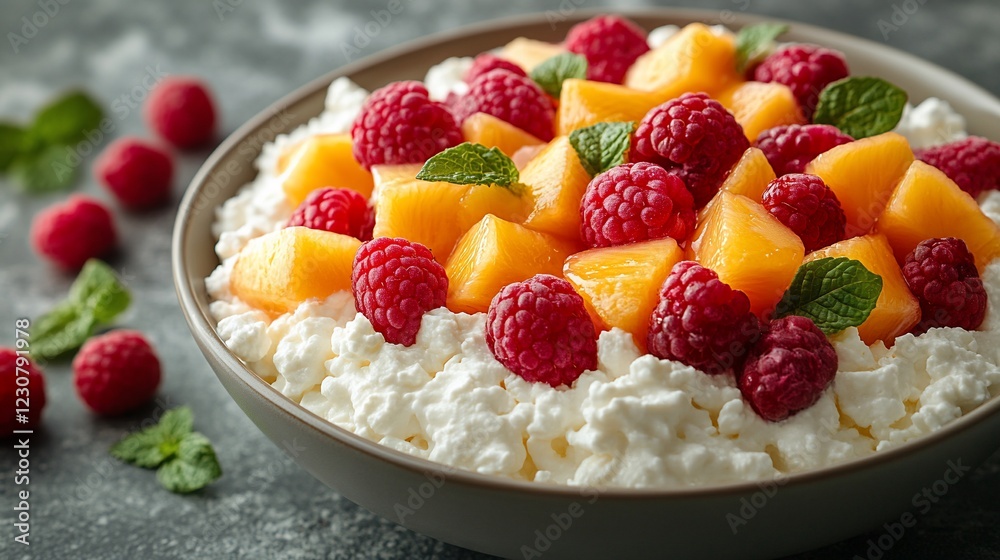 Fresh fruit salad with raspberries and mango on a rustic table, inviting for healthy eating Fresh fruit salad with raspberries and mango on a rustic table, inviting for healthy eating