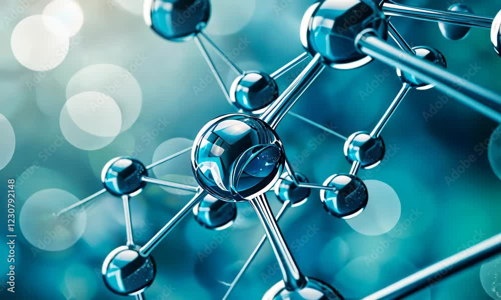 Close-up of a 3D molecular structure featuring atoms connected by bonds, with a focus on the intricate details and blue hues.