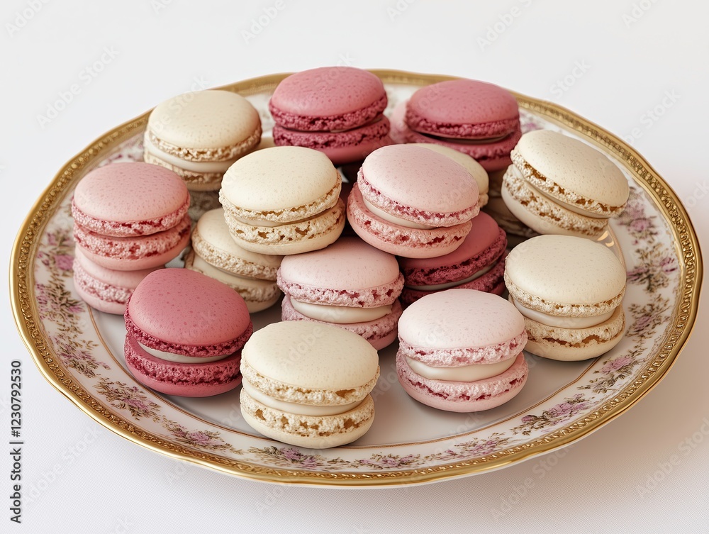 Assorted pink and white macarons on an elegant decorative plate. Assorted pink and white macarons on an elegant decorative plate.