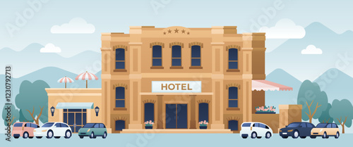 Luxury hotel building in the mountains illustration. Mountain landscape with parking lot and amenities. Color resort graphics. Romantic inn.