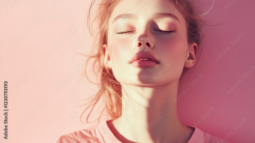 Obraz premium Serene Young Woman with Closed Eyes, Pink Background, Soft Lighting