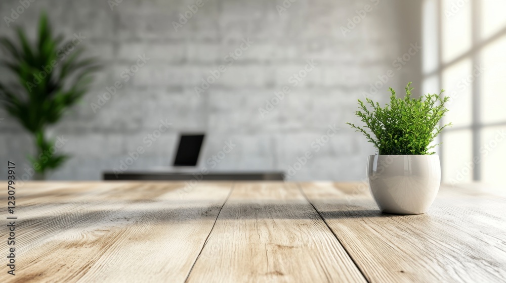 Fototapeta premium Modern Minimalist Workspace: Plant on Wooden Desk, Bright Office
