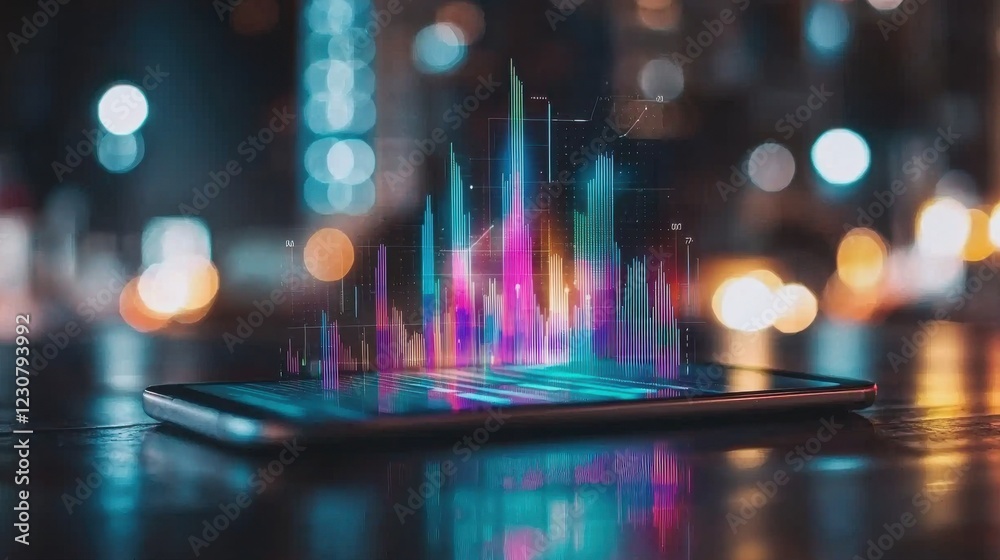 Fototapeta premium Glowing Futuristic Holographic City Landscape Digital Visualization on Tablet Device