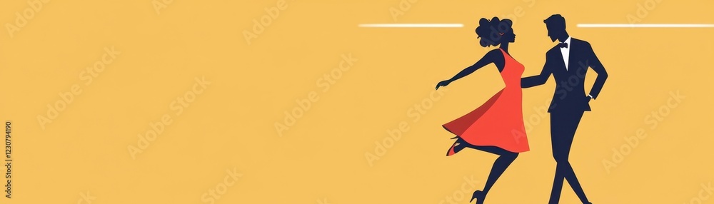 Happy Couple Dancing Silhouettes, Retro Style, Yellow Background, Copy Space Happy Couple Dancing Silhouettes, Retro Style, Yellow Background, Copy Space