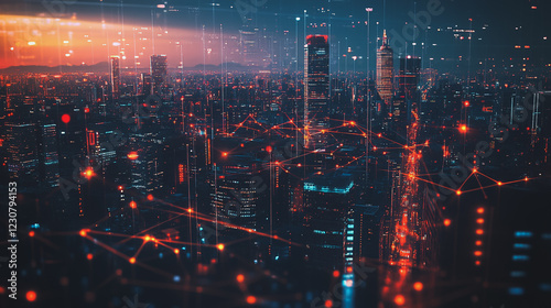 Abstract business man stands on Smart digital Innovation city with connection network reciprocity over the twilight cityscape. of future wireless digital city and social media networking systems