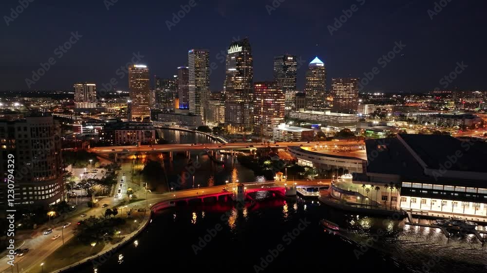 Illuminated Downtown At Tampa In Florida United States. Famous Highrise Building. City At Night Landscape. Tampa At Florida United States. Business District. Illuminated Night City.