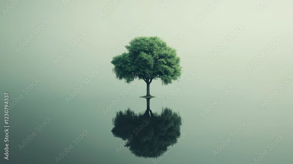 Solitary Tree Reflecting in Calm Water, Minimalist Nature Scene Solitary Tree Reflecting in Calm Water, Minimalist Nature Scene