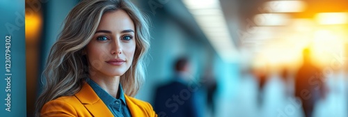 Professional woman in bright orange blazer standing confidently in modern office space