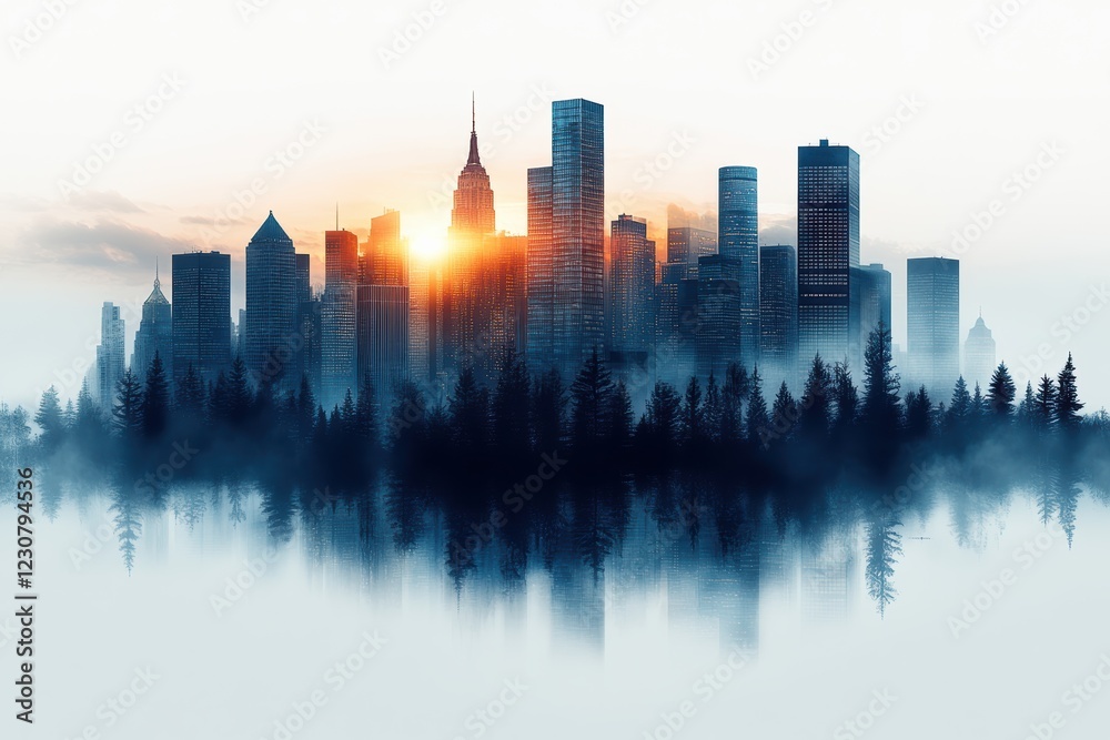 Obraz premium Stunning skyline at sunset with reflections and mist creating a surreal atmosphere