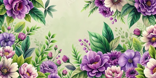 Colorful floral pattern with large purple flowers and lush green foliage on a subtle background , wall decoration, interior decor