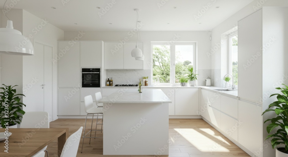 Modern open kitchen with sleek surfaces and decorative plants Modern open kitchen with sleek surfaces and decorative plants