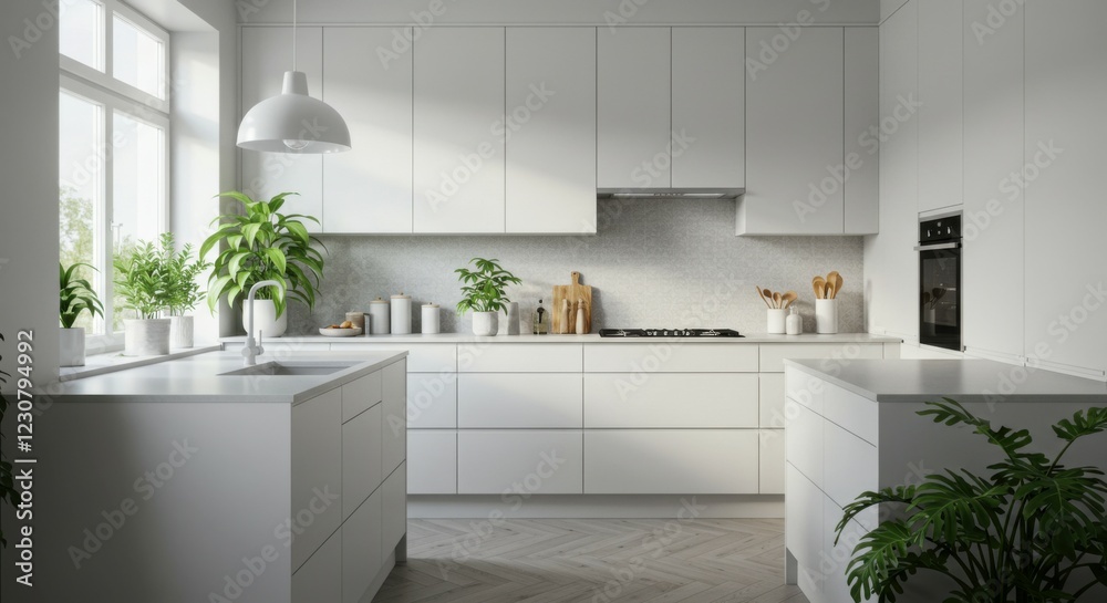 Bright and airy kitchen with minimalistic furniture and fresh greenery