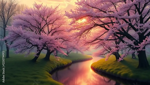 Serene Sunset Scene With Pink Blossoming Trees