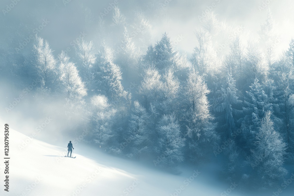 A lone cross-country skier traverses a snow-covered landscape, enveloped by a misty, frost-covered forest. A lone cross-country skier traverses a snow-covered landscape, enveloped by a misty, frost-covered forest.