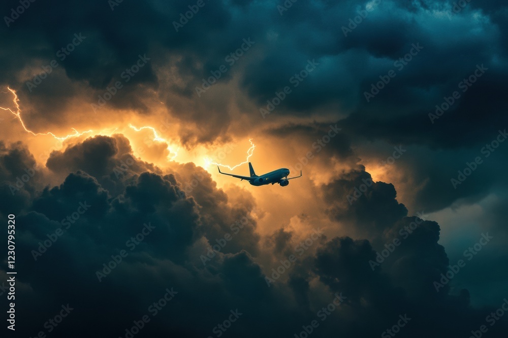 Fototapeta premium Airplane encounters turbulent stormy weather while flying through dark clouds in dramatic lighting conditions. Generative AI