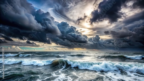 Dark grey clouds gather over turbulent sea with crashing waves and strong winds creating dramatic stormy atmosphere, sea storm, seascape