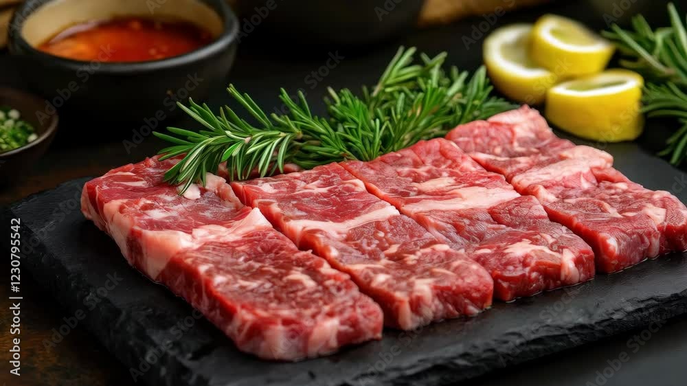 Fresh marbled beef slices with herbs and lemon arrangement in culinary presentation Fresh marbled beef slices with herbs and lemon arrangement in culinary presentation