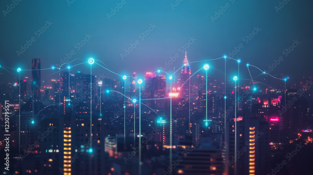 Abstract business man stands on Smart digital Innovation city with connection network reciprocity over the twilight cityscape. of future wireless digital city and social media networking systems Abstract business man stands on Smart digital Innovation city with connection network reciprocity over the twilight cityscape. of future wireless digital city and social media networking systems