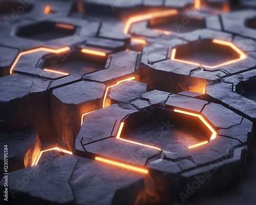 Intricate vector art of interlocking hexagonal shapes with glowing edges captured in high contrast lighting