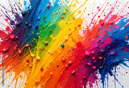 A dynamic paint splatter rainbow background with bright, expressive brush strokes and splashes of color