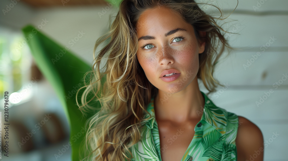 Fototapeta premium Swedish young woman in green tropical blouse