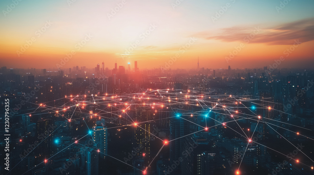 Naklejka premium Abstract business man stands on Smart digital Innovation city with connection network reciprocity over the twilight cityscape. of future wireless digital city and social media networking systems