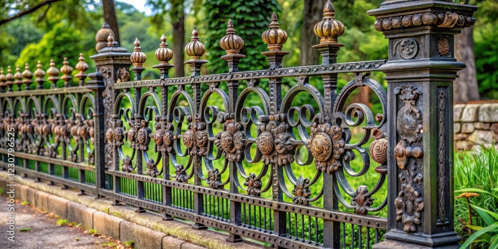 Obraz premium Ornate cast iron fence with intricate metalwork and natural stone accents in a rural garden setting