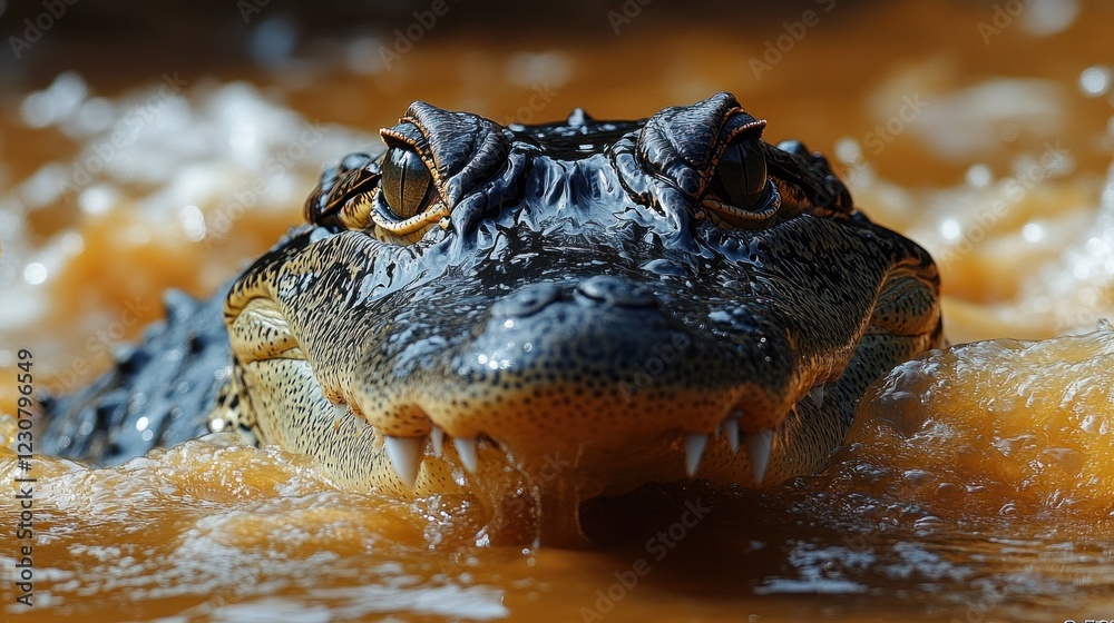 Obraz premium Close-up of an Alligator's Head in Murky Water Showing Sharp Teeth and Eyes