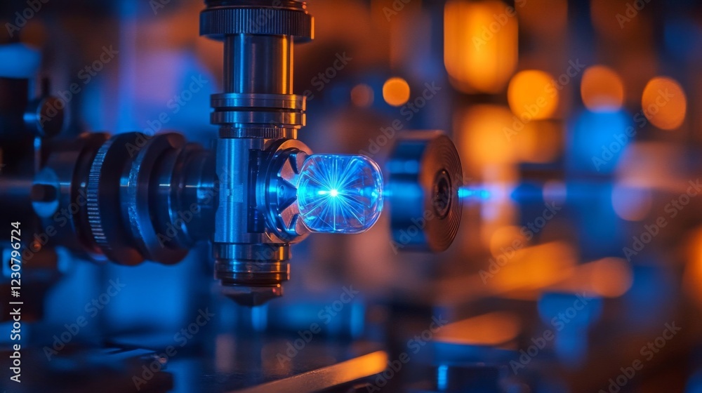 Closeup of a Blue Crystal Illuminated by Laser Beams in a Laboratory Setting Closeup of a Blue Crystal Illuminated by Laser Beams in a Laboratory Setting