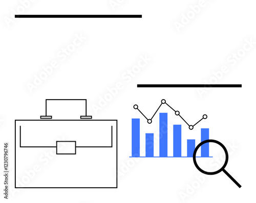 Briefcase beside a bar graph with nodes connected on the line. Magnifying glass focusing on data. Ideal for business strategy, analytics, growth, finance, research, management, abstract line flat