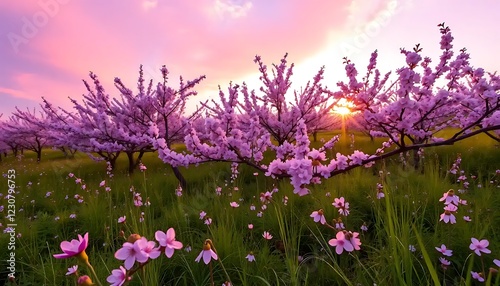 Pink Blossom Trees Sunset Meadow Scene