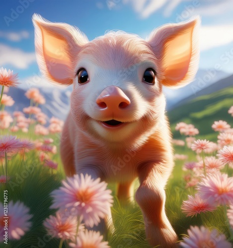 Wallpaper Mural Charming piglet frolics among blooming flowers in a sunny meadow Torontodigital.ca