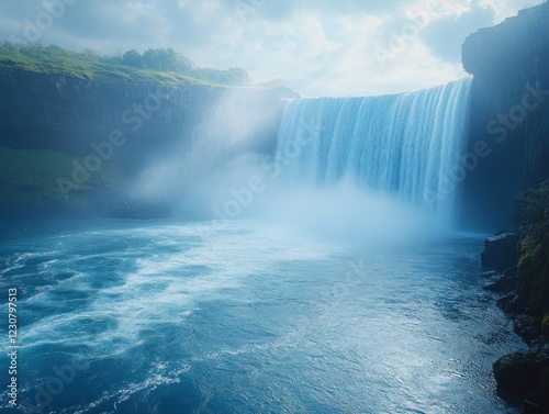 Majestic Waterfall Cascading Down a Cliff into a Blue Hazy Body of Water with Misty Spray