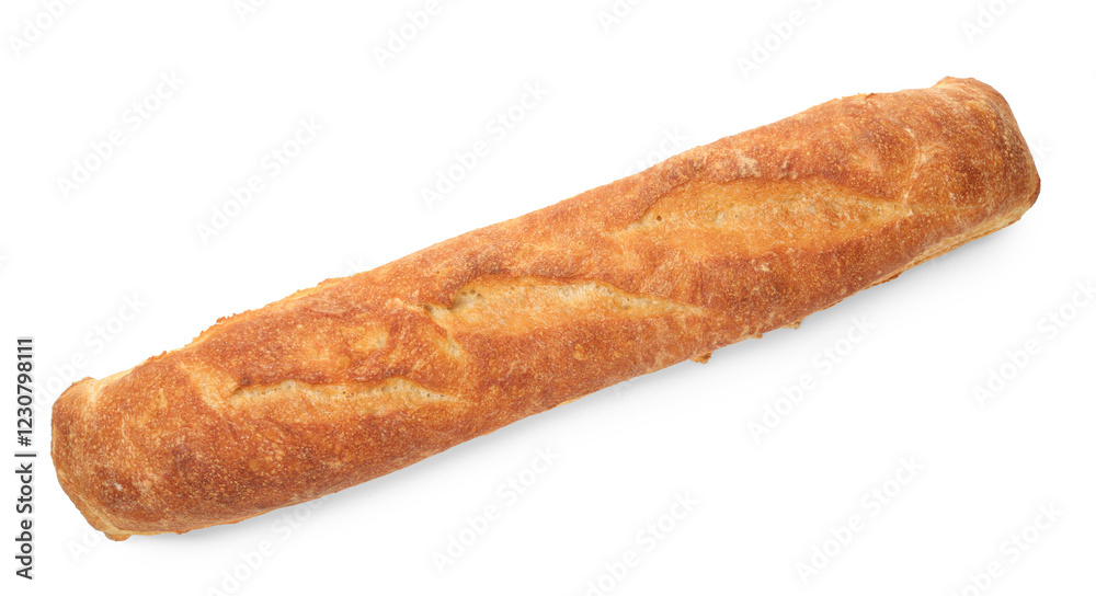 One freshly baked baguette isolated on white, top view One freshly baked baguette isolated on white, top view