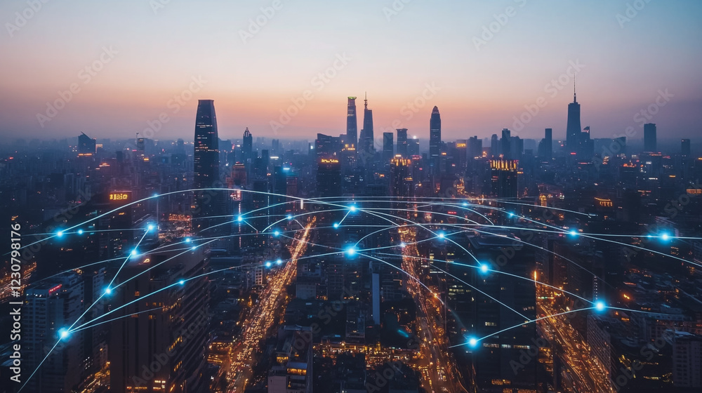 Fototapeta premium Abstract business man stands on Smart digital Innovation city with connection network reciprocity over the twilight cityscape. of future wireless digital city and social media networking systems