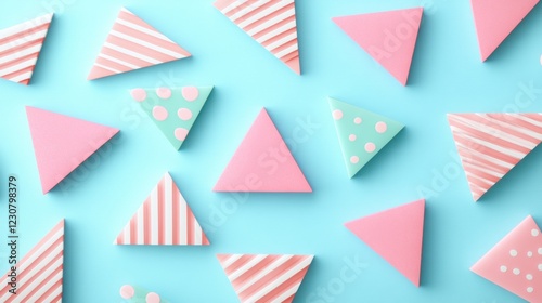 Pastel pink and mint triangles on blue background.