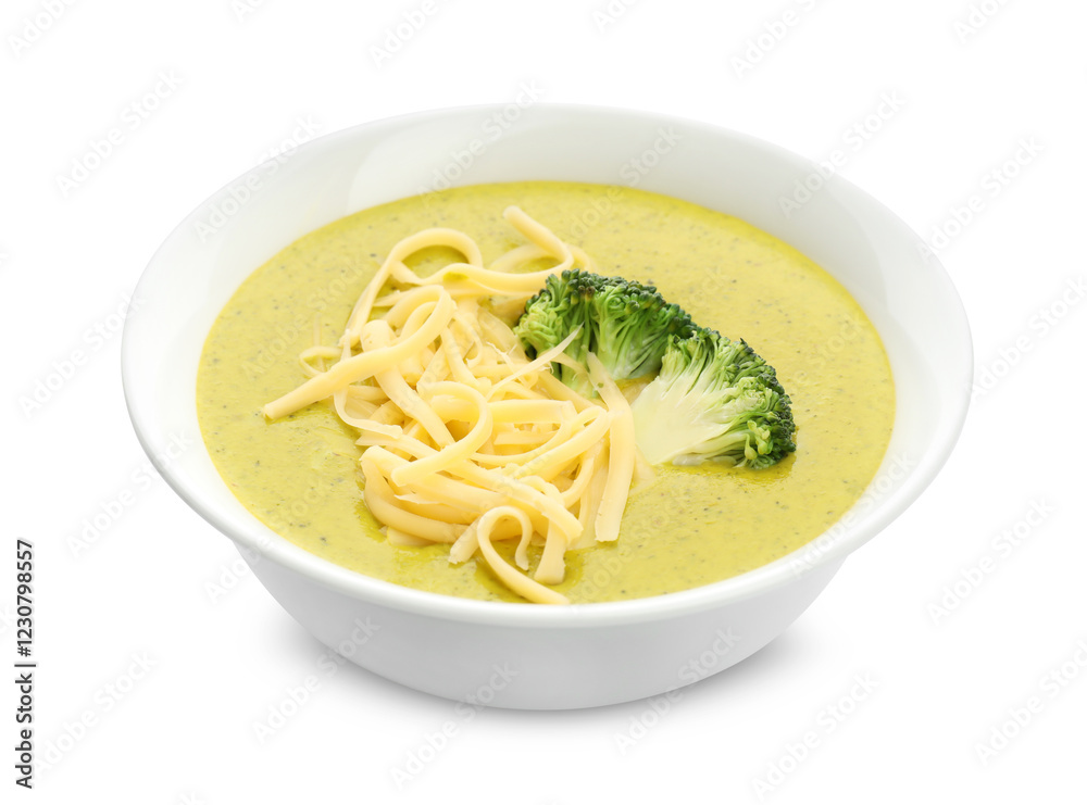 Delicious broccoli cream soup in bowl isolated on white Delicious broccoli cream soup in bowl isolated on white
