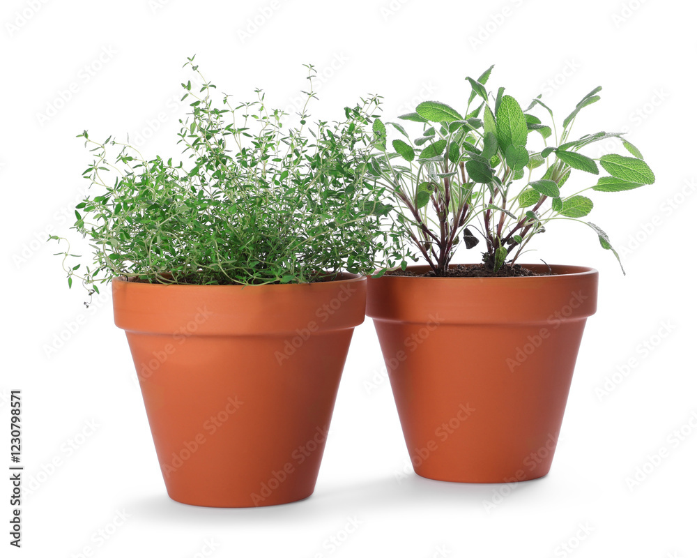 Aromatic herbs in pots isolated on white Aromatic herbs in pots isolated on white